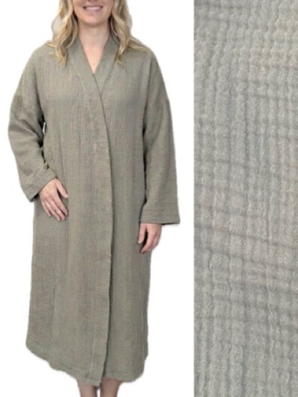 J. Jill Sleep Cotton Gauze Puckered Long Robe Size XL Thyme Green Long Sleeve